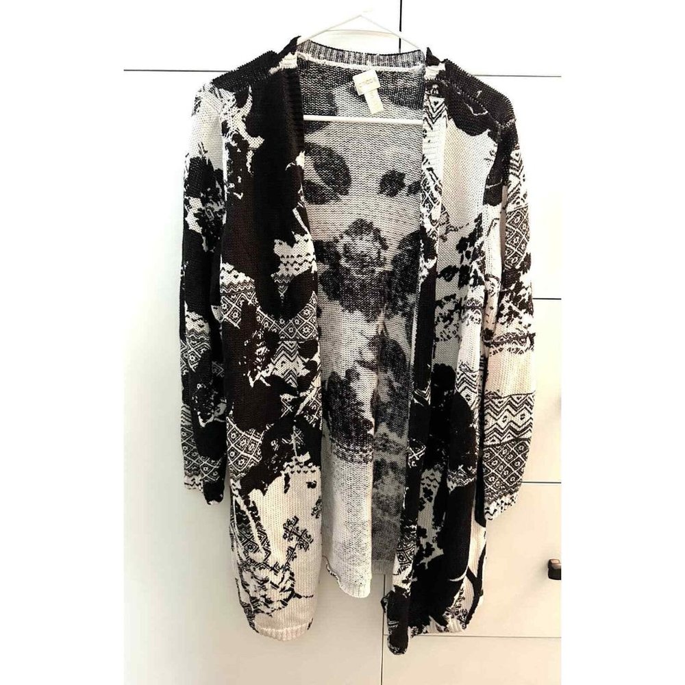 Chico's Abstract Floral Patterned Black White Duster Cardigan Open Face Linen